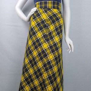 70's Vintage yellow/gray plaid ankle length skirt